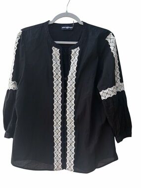 Karl Lagerfeld Black Cotton Blouse White Lace Detail Women Size L